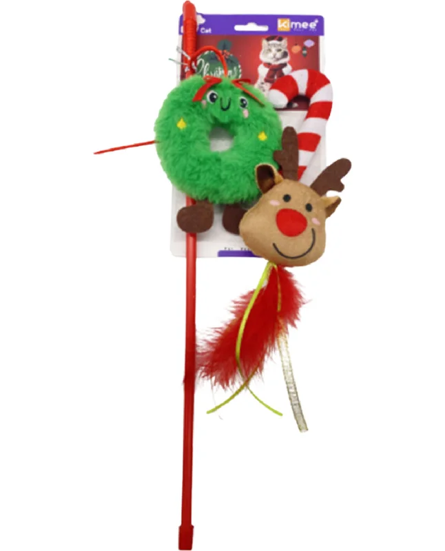  . **Pet toys are bite-resistant and wear-resistant**Christmas Reindeer & Wreath Cat Wand Toy - Three Pack