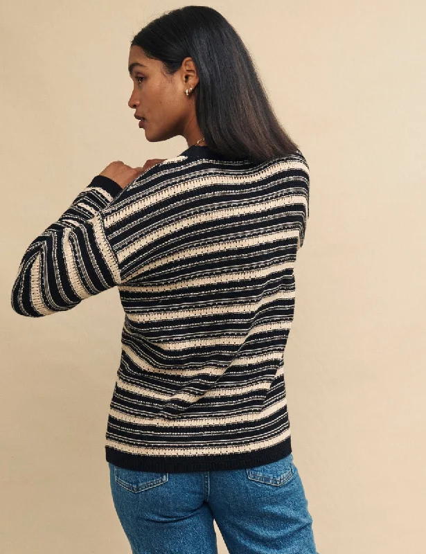 Black and Cream Stripe Knitted Crew Neck Jumper