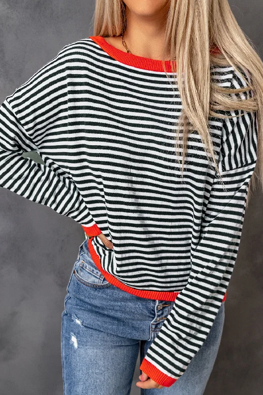 Black Contrast Trimmed Striped Drop Shoulder Sweater