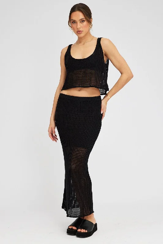 Black Crochet Knit Top Scoop Neck