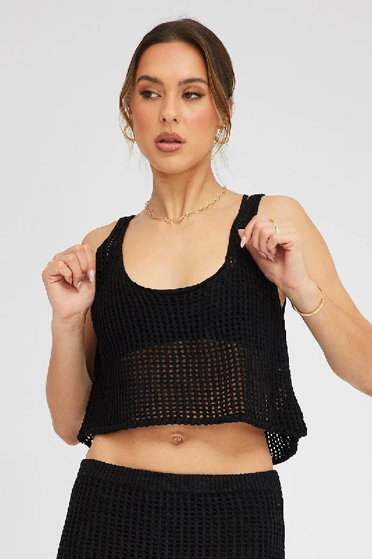 Black Crochet Knit Top Scoop Neck