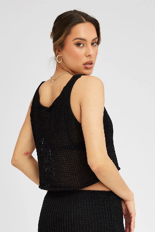 Black Crochet Knit Top Scoop Neck