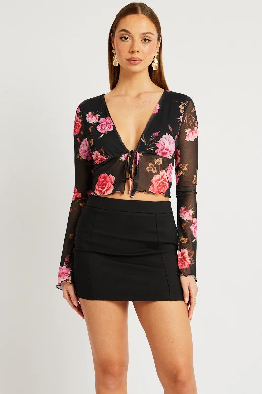 Black Floral Tie up Cardigan Long Sleeve