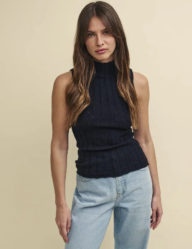 Black Funnel Neck Rib Knitted Sleeveless Top