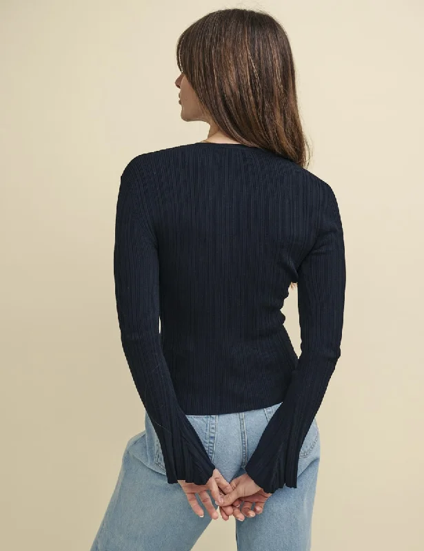 Black Crew Neck Rib Knitted Cardigan