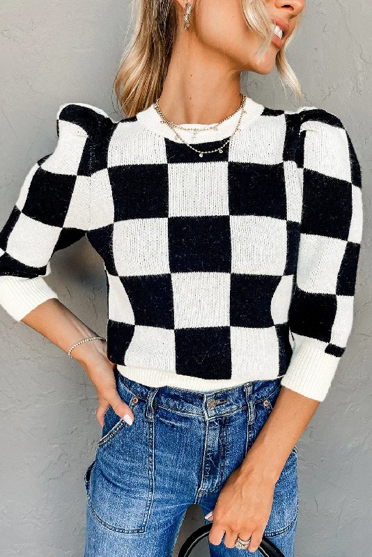 Black Two Tone Checkered Bubble Sleeve Knit Top