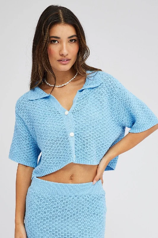 Blue Crochet Knit Top Collared