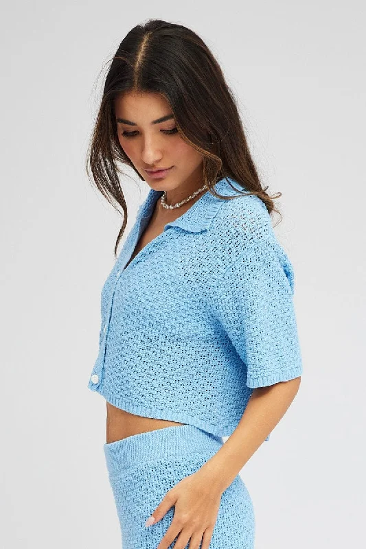 Blue Crochet Knit Top Collared