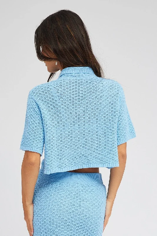 Blue Crochet Knit Top Collared