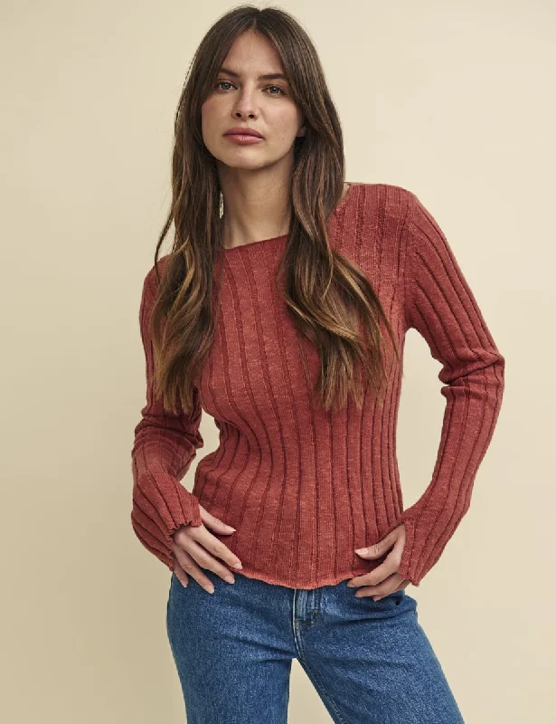 Brown Boat Neck Rib Knitted Top