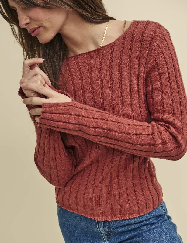 Brown Boat Neck Rib Knitted Top