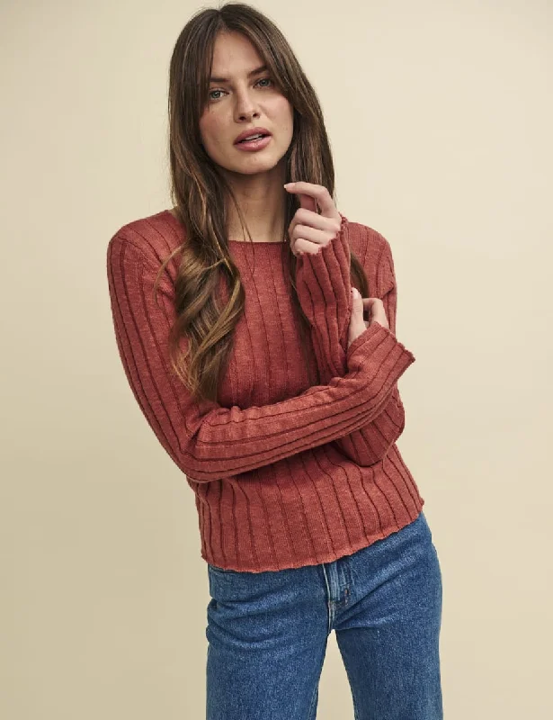 Brown Boat Neck Rib Knitted Top