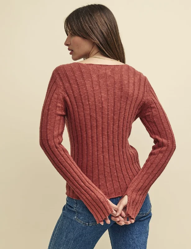 Brown Boat Neck Rib Knitted Top