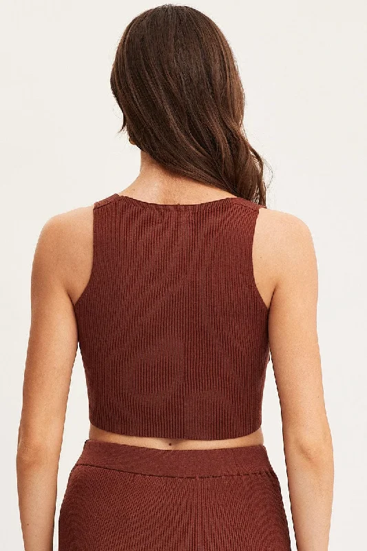 Brown Knit Top Sleeveless Crop