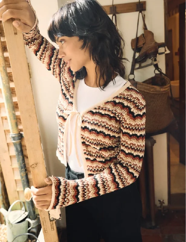 Brown Mock-Crochet Tie Front Cardigan