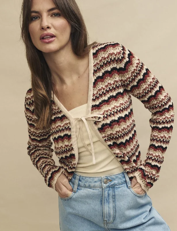 Brown Mock-Crochet Tie Front Cardigan