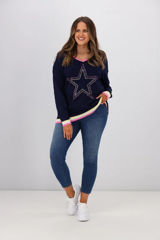 Cali & Co Cross V-neck Bead Star Knit Jumper Navy