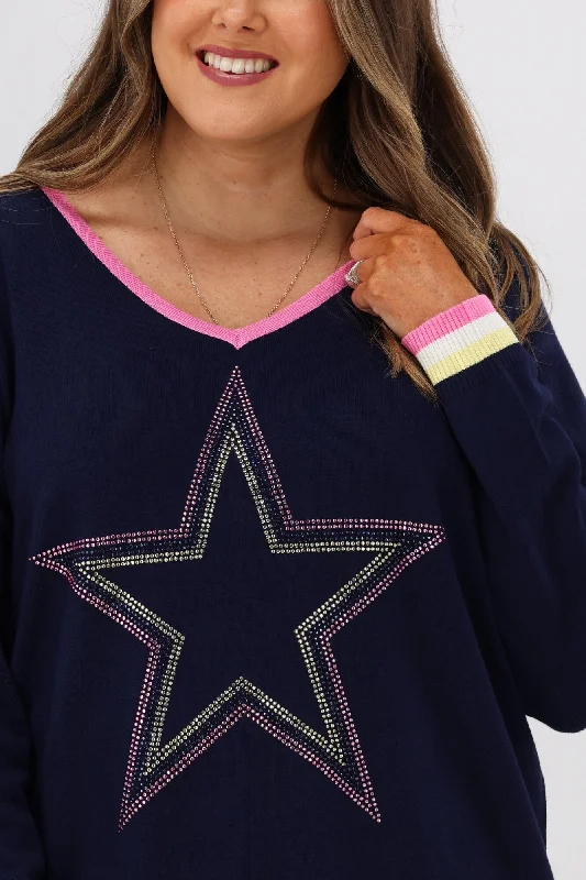 Cali & Co Cross V-neck Bead Star Knit Jumper Navy