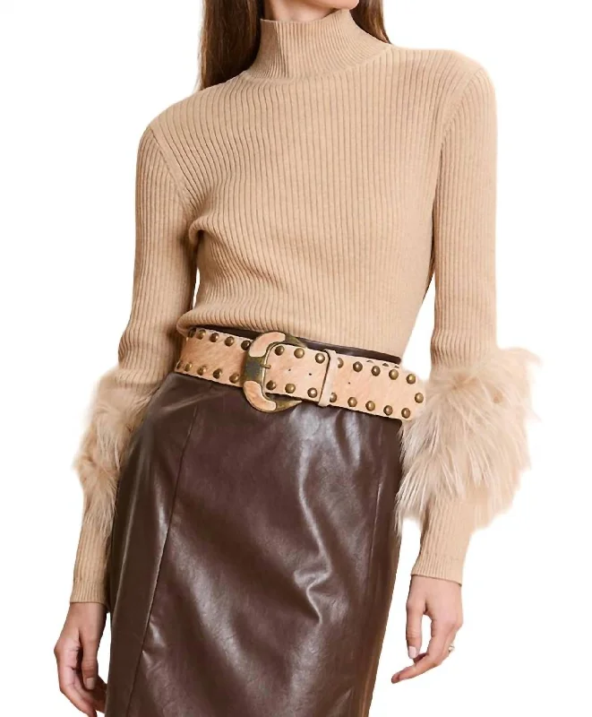 Cashmere Mock Neck With Fur Sweater In Sable