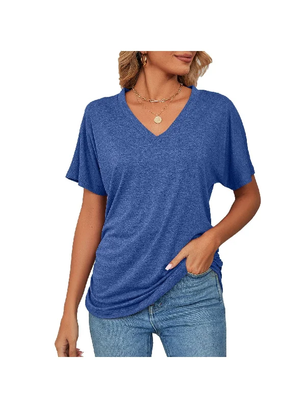 Casual pullover v-neck solid color loose t-shirt tops for women