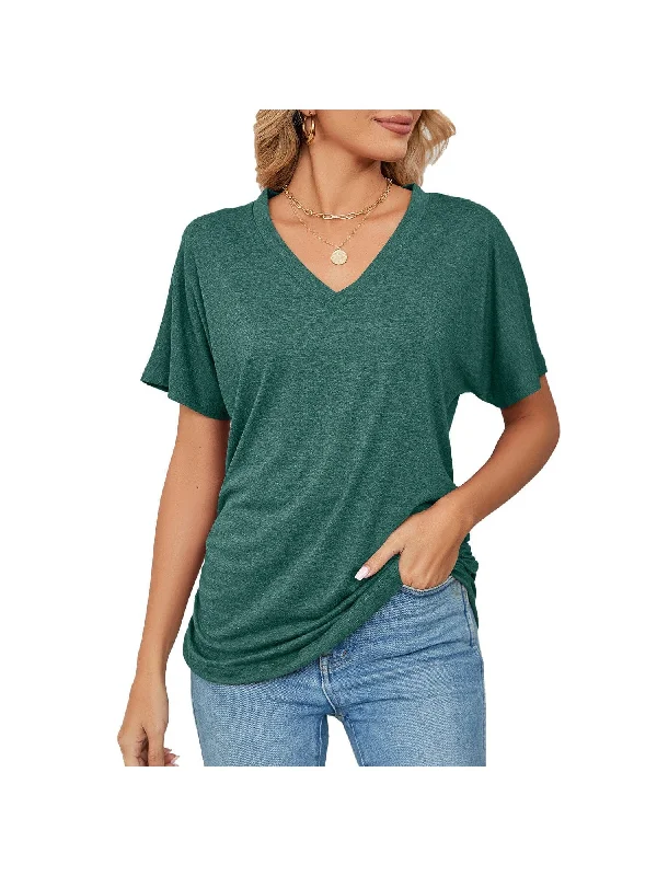 Casual pullover v-neck solid color loose t-shirt tops for women