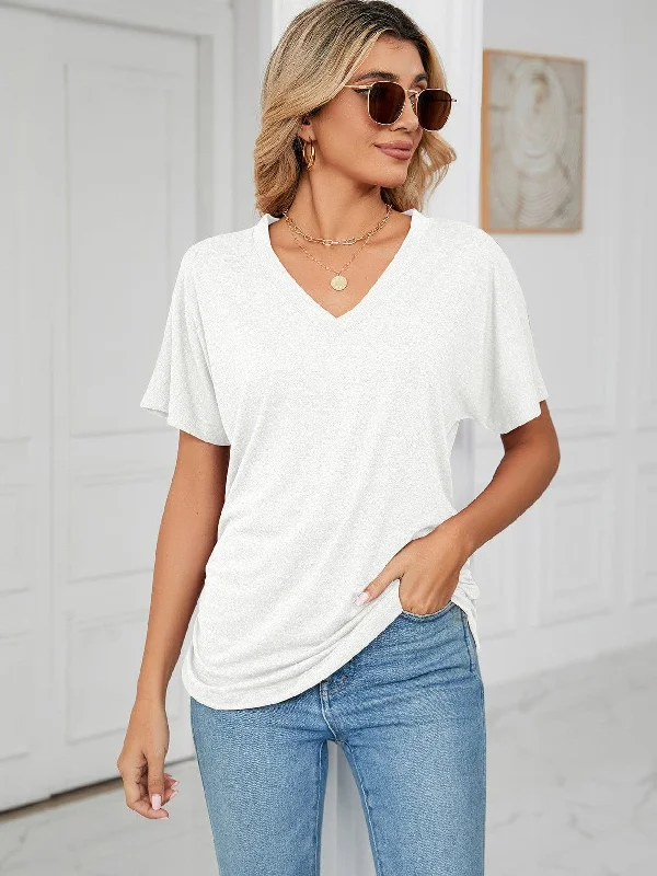 Casual pullover v-neck solid color loose t-shirt tops for women