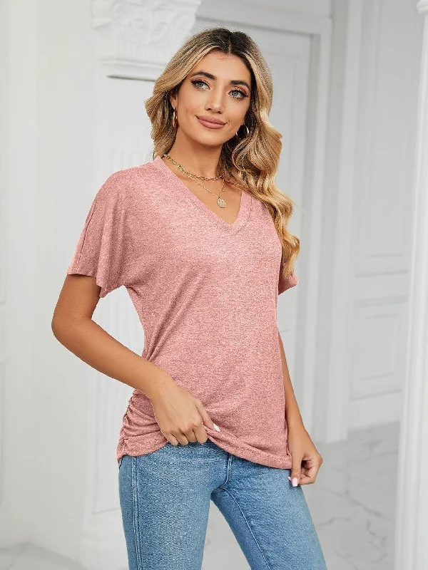 Casual pullover v-neck solid color loose t-shirt tops for women