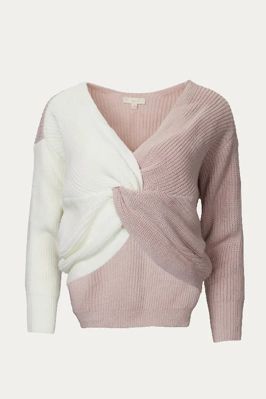 Colorblocked Cropped Twisted Ribbed-Knit Sweater In Ivory/mauve