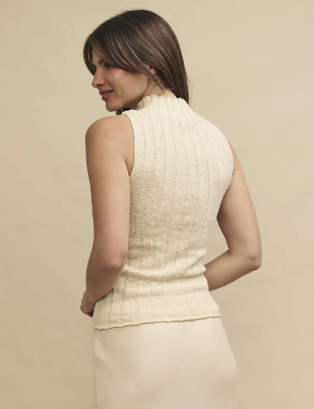 Cream Funnel Neck Rib Knitted Sleeveless Top