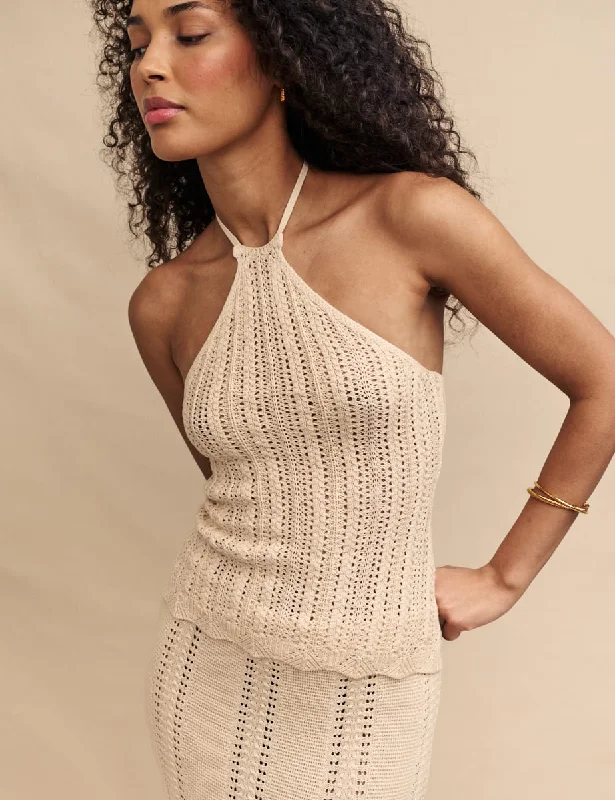 Cream Mock-Crochet Halter Top