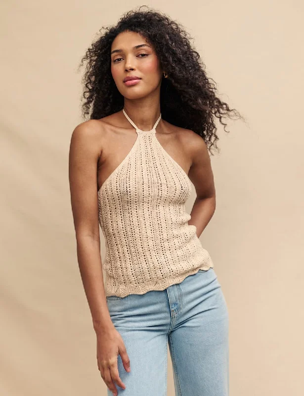 Cream Mock-Crochet Halter Top