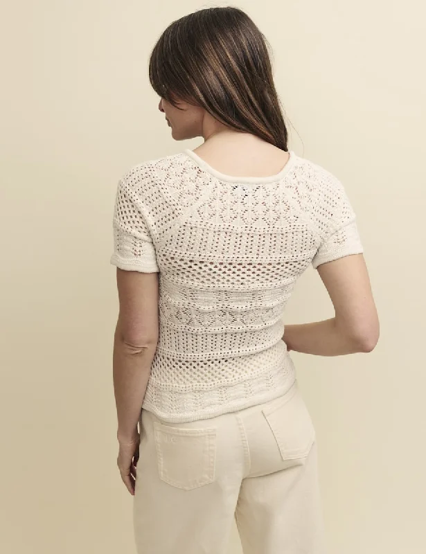 Cream Mock-Crochet Knitted Top