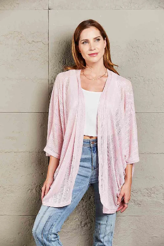 Double Take Open Front Three-Quarter Sleeve Cardigan