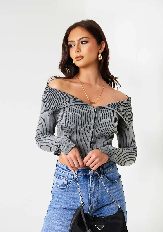 Elora Grey Knit Folded Zip Through Top