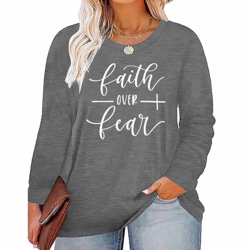 faith Hope Love pattern Plus Size Women's Top Autumn X-Large-5X-Large woman clothes y2k t shirt oversized long sleeve tshirt