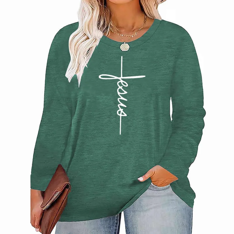 faith pattern Plus Size Women's Top Autumn X-Large-5X-Large woman clothes y2k t shirt oversized long sleeve tshirt