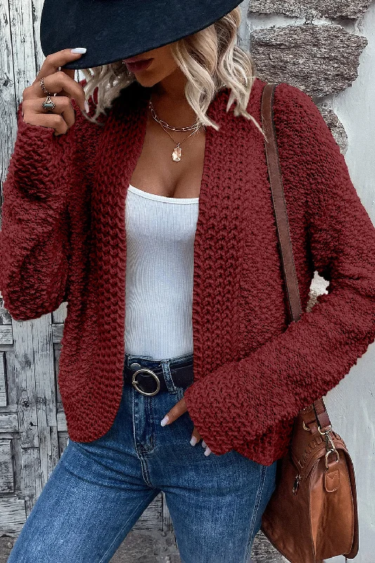 Fiery Red Popcorn Knit Open Front Cardigan