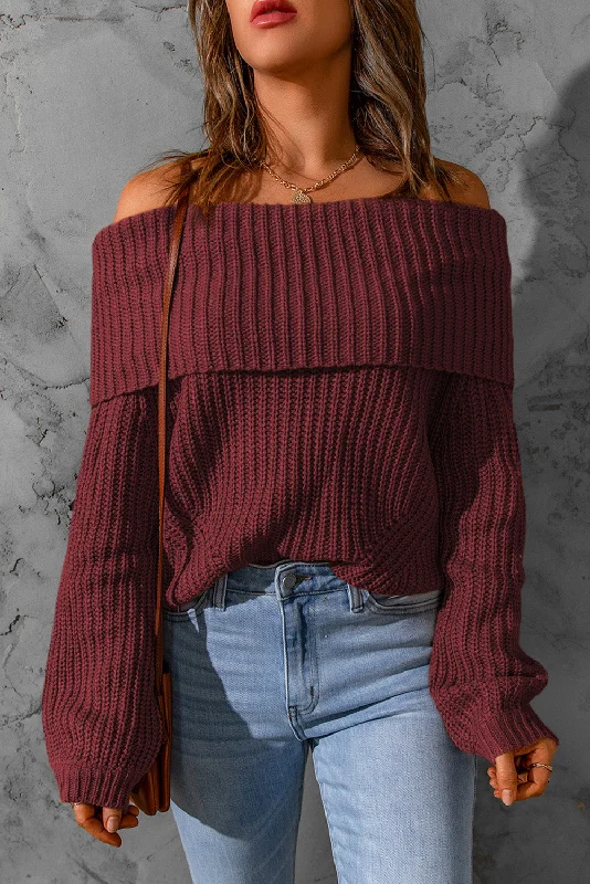 Fiery Red Ribbed Knit Foldover Off Shoulder Sweater