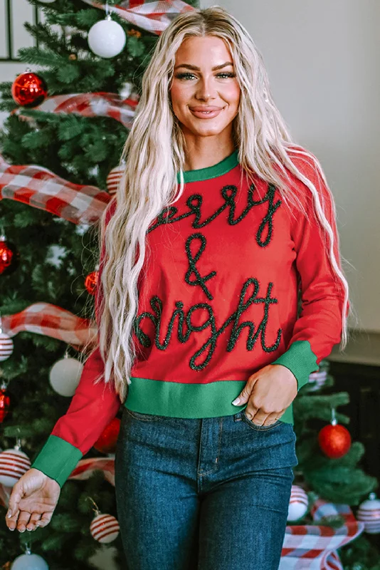 Fiery Red Tinsel Merry & Bright Graphic Contrast Trim Sweater