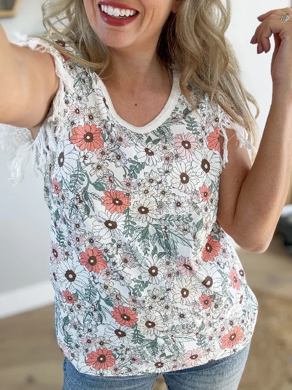 Much To Do Fringe Detailed Floral Top (Pink Label)