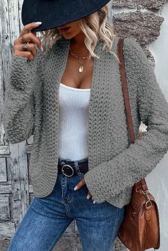 Gray Popcorn Knit Open Front Cardigan