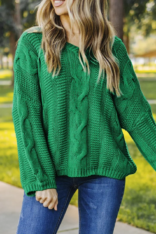 Green Bubblegum V-Neck Braided Knit Sweater