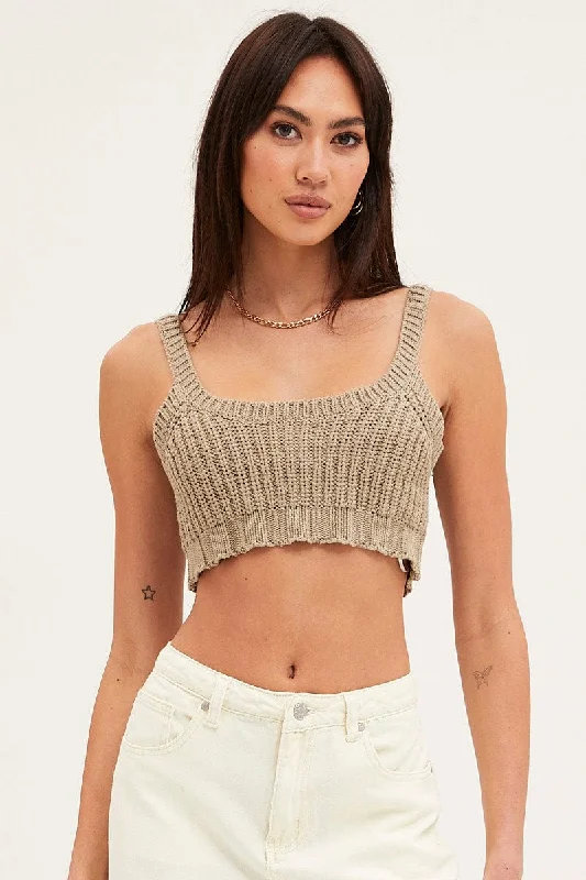 Green Knit Top Sleeveless Crop