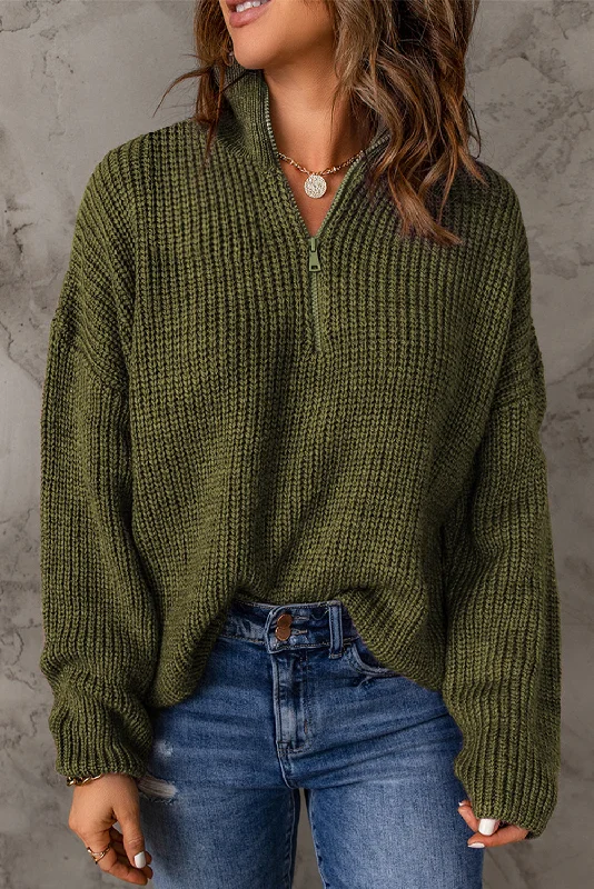 Green Zipped Turtleneck Drop Shoulder Knit Sweater