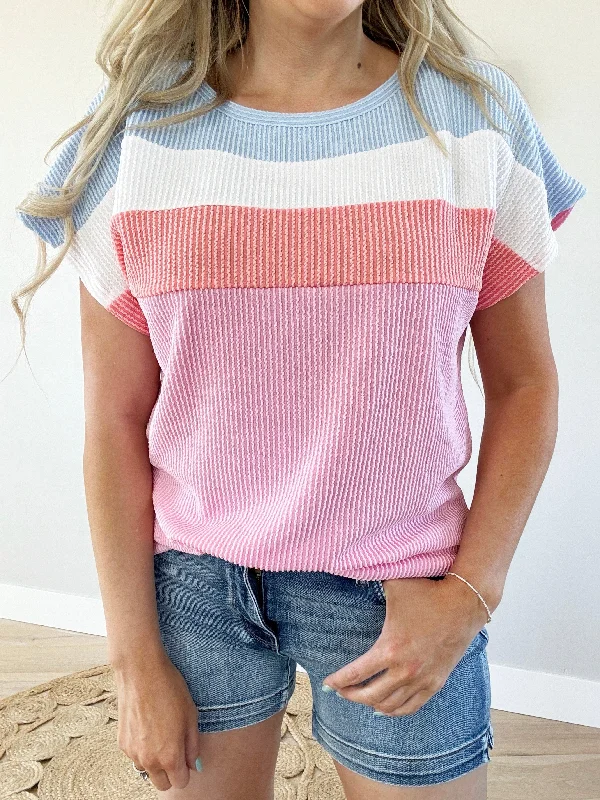 Lovesick Color Block Ribbed Short Sleeve in Pink