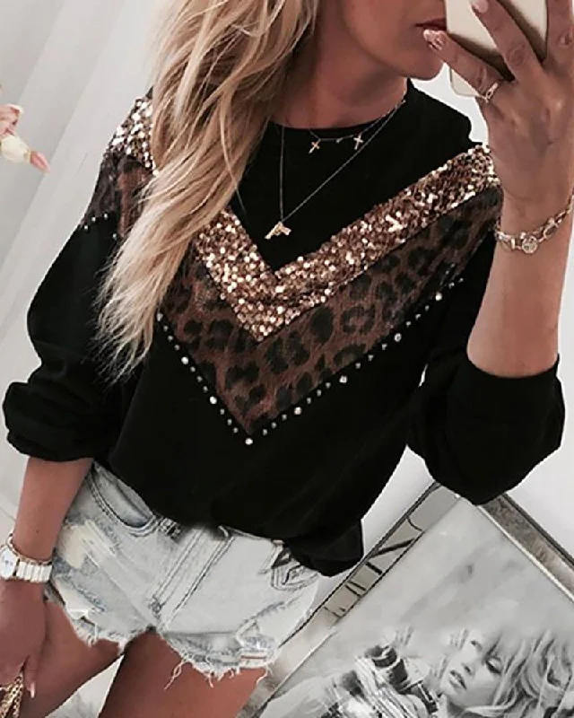 Hot Sale High Quality Autumn Winter New Sequined Leopard Stitching Wholesale Women's Long-sleeved Round Neck Hoodie