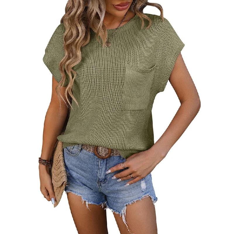 Ladies round neck pocket decorated short sleeve sweater