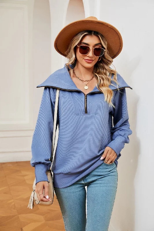 Lapel zipper shawl pullover long sleeve loose casual sweatshirt