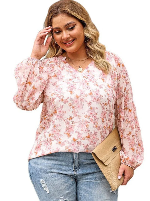 Stylish Chiffon Lantern Sleeve Pullover in Plus Size for Women