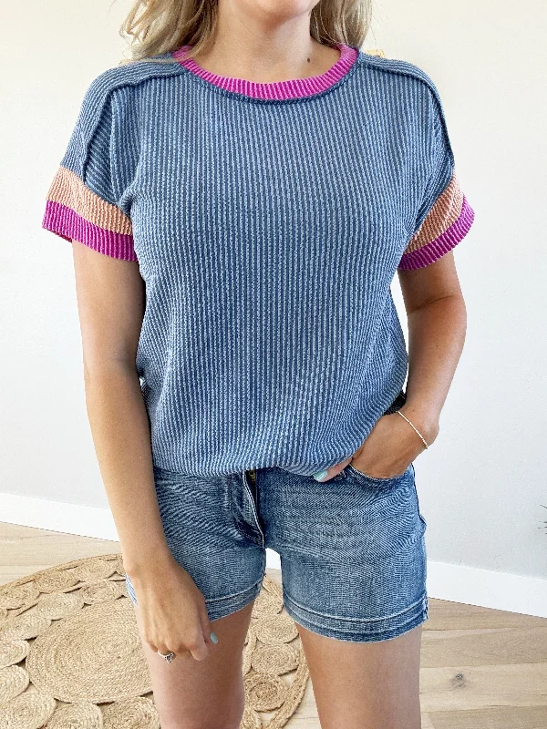 Promise Me Ribbed Color Block Short Sleeve in Denim